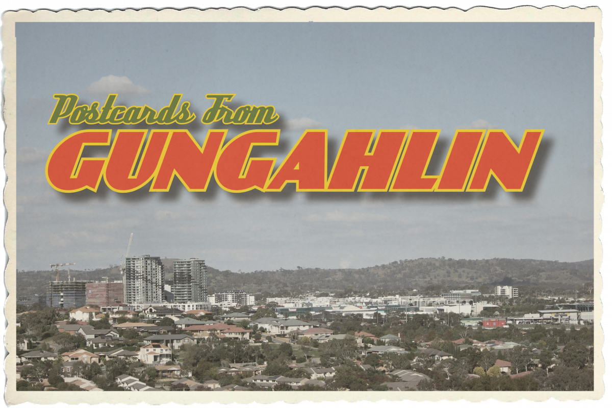 An image of a vintage style postcards featuring a view of the Gungahlin town centre and suburbs. The text Postcards from Gungahlin is overlaid over the image.