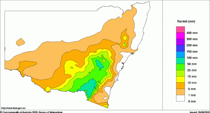 Rainfall map in NSW for week ending 25 August.