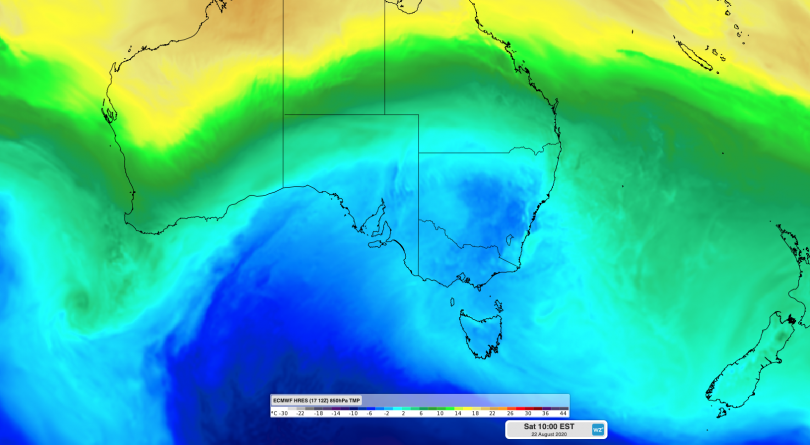 Forecast air temperatures over south-eastern Australia on Saturday morning.
