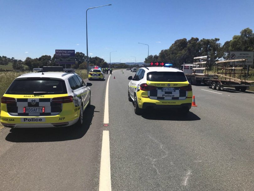 Police cars during road safety operation on Monaro Highway