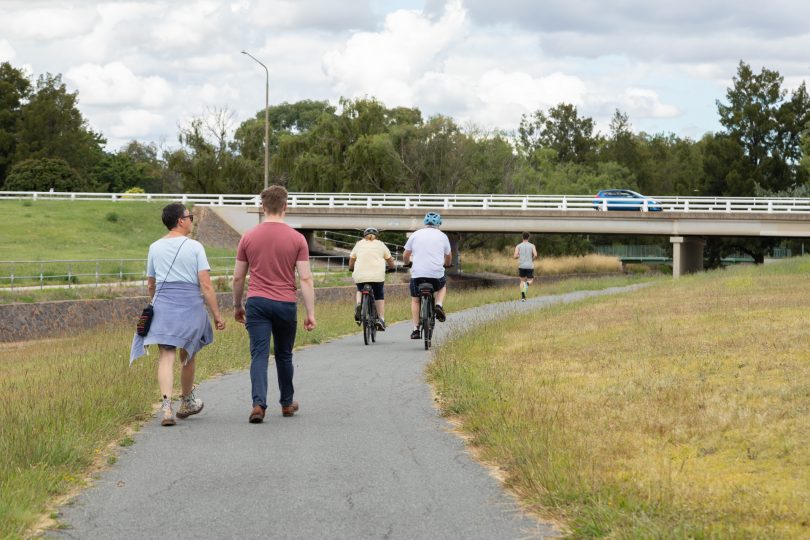 people walking and cycling on path