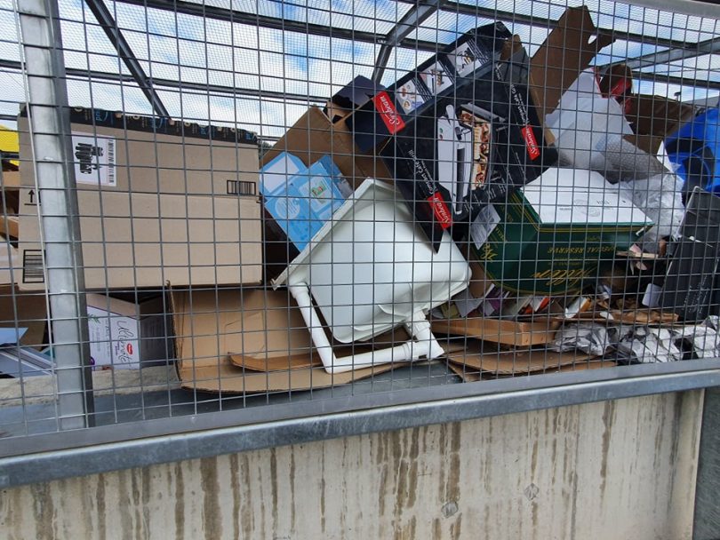 A plastic sink in the cardboard cage at Gungahlin Recycling Drop-off Centre