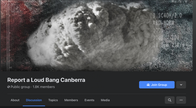 Screenshot of 'Report a Loud Bang Canberra' Facebook page