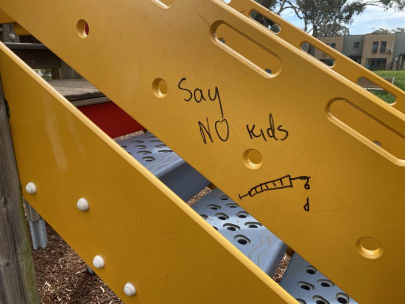 Graffiti on playground at Well Station Park in Harrison