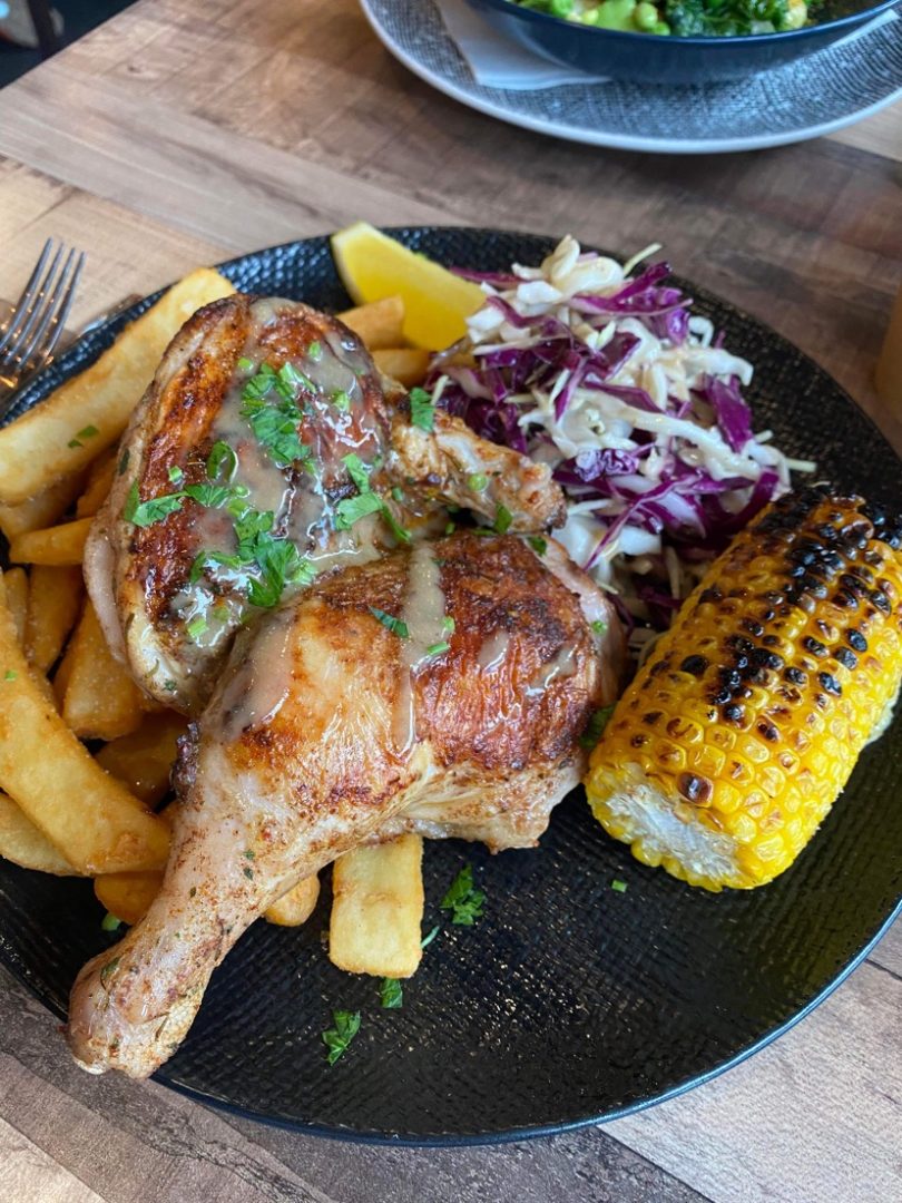 Corn, chips, slaw and chicken
