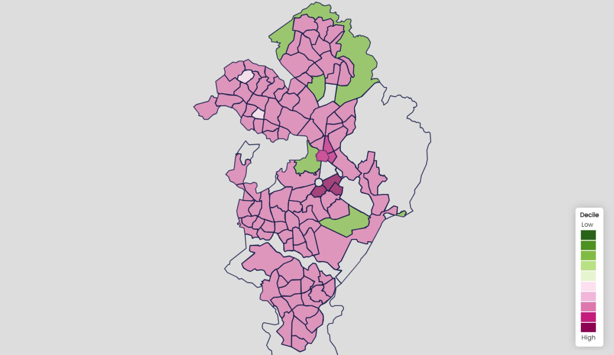 map of canberra suburbs colour-coded in terms of level of gentrification