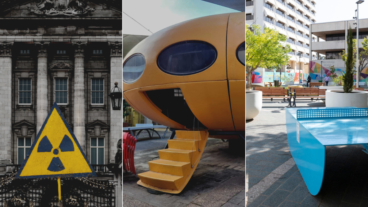 Buckingham Palace nuclear symbol, Futuro House, Woden Town Square
