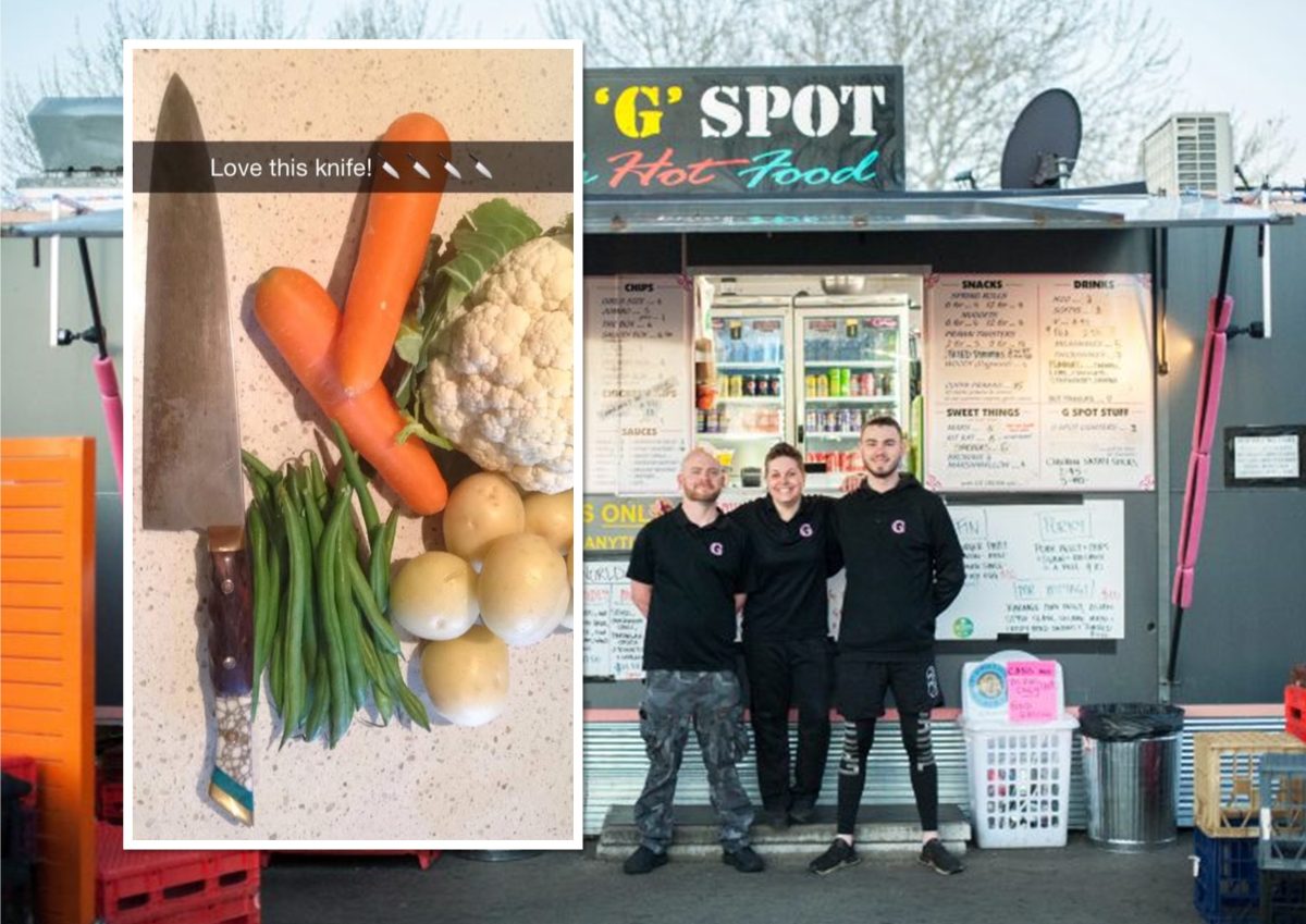 two photos joined: a knife and veggies, and three people at their food truck